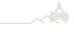 Logo pour "LES TOITS DE VERDUN" sur fond vert, représentant un paysage stylisé avec des lignes de toiture colorées et la silhouette d'un bâtiment historique.