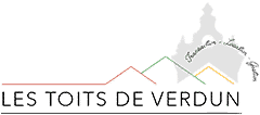 Logo "LES TOITS DE VERDUN" sur fond vert, illustrant des toits stylisés et une silhouette architecturale rappelant la ville.
